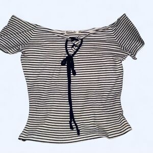 Striped Off-Shoulder Lace up Top